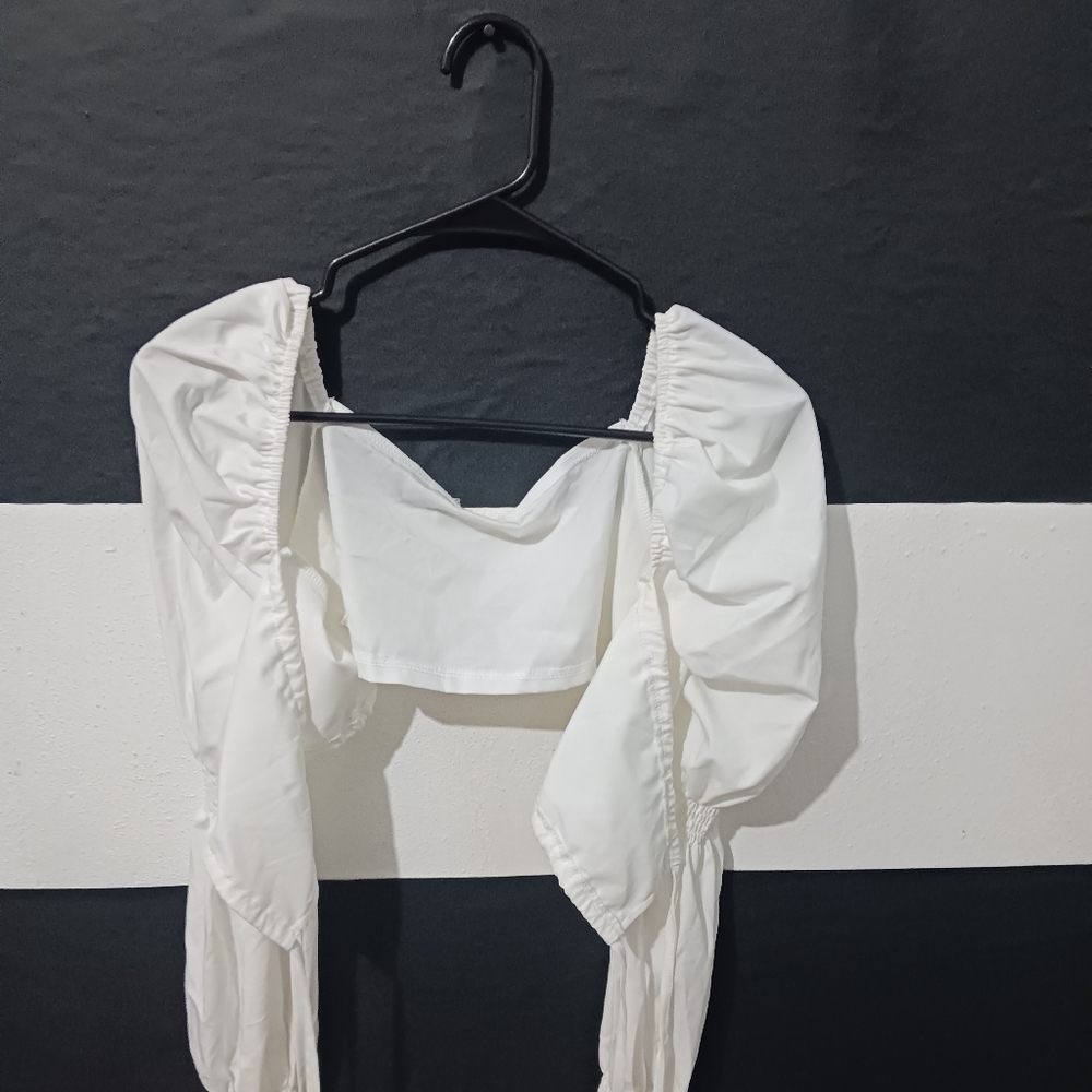 Women sexy white tie puffer elastic long sleeve top - Picture 3 of 16